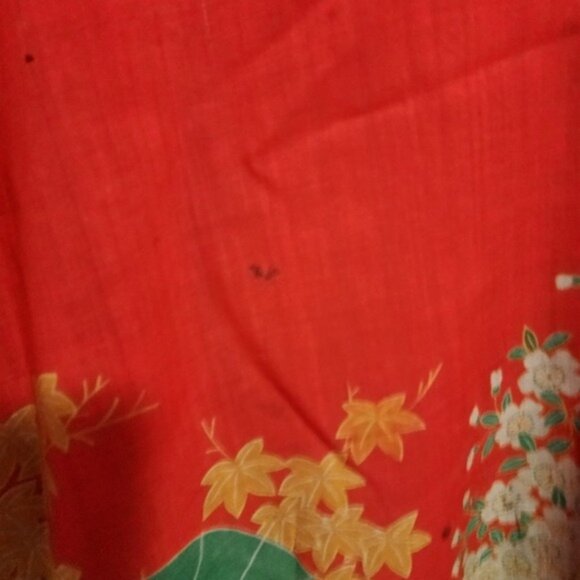 ANTIQUE 1930's‎ Japanese Kimono Yuzen Zome floral Wagasa print in red 30's - Picture 12 of 16
